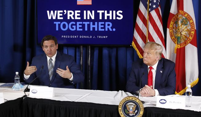 Florida Gov. Ron DeSantis, left, speaks alongside President Donald Trump during a roundtable discussion on the coronavirus outbreak and storm preparedness at Pelican Golf Club in Belleair, Fla., July 31, 2020. Before Trump and DeSantis were leading rivals for the 2024 Republican presidential nomination, they were allies. (AP Photo/Patrick Semansky, File)