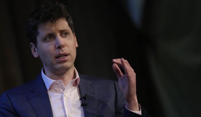 OpenAI&#x27;s CEO Sam Altman, the founder of ChatGPT and creator of OpenAI gestures while speaking at University College London, as part of his world tour of speaking engagements in London, Wednesday, May 24, 2023.(AP Photo/Alastair Grant)