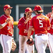 From left to right, Maryland&#x27;s Nick Lorusso, Eddie Hacopian, Andrew Johnson and Matt Woods celebrate after an NCAA college baseball game against Nebraska, Saturday, May 27, 2023, in Omaha, Neb. (Joseph Cress/Iowa City Press-Citizen via AP) **FILE**