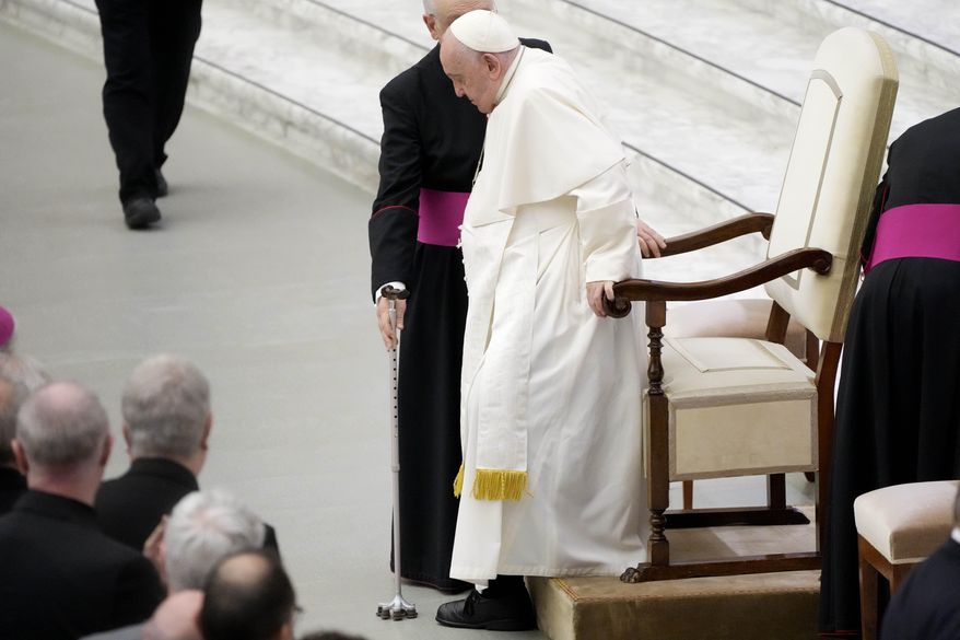 Pope Francis leaves after meeting with members of the Italian Conference of Bishops at the Vatican, Thursday, May 25, 2023. Vatican, Thursday, May 25, 2023. Pope Francis skipped meetings Friday because he was running a fever after a particularly busy day, the Vatican said. The Vatican No. 2, Cardinal Pietro Parolin, said Francis was tired and attributed the fever to the fact that Francis had greeted, one by one, a particularly big crowd of his school foundation Thursday afternoon. (AP Photo/Gregorio Borgia)