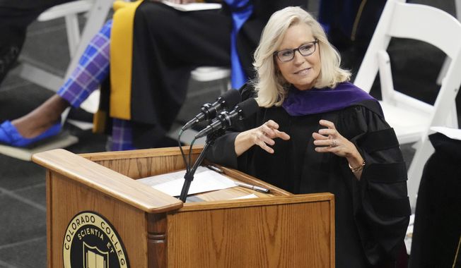 Former U.S. Rep. Liz Cheney, R-Wyo., delivers the commencement address at Colorado College, Sunday, May 28, 2023, in Colorado Springs, Colo. (AP Photo/Jack Dempsey)
