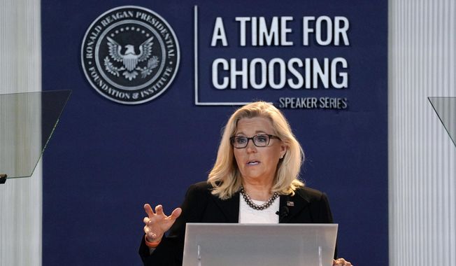 Then-Rep. Liz Cheney, R-Wyo., vice chair of the House Select Committee investigating the Jan. 6 U.S. Capitol riots, delivers her &quot;Time for Choosing,&quot; speech at the Ronald Reagan Presidential Library and Museum Wednesday, June 29, 2022, in Simi Valley, Calif. (AP Photo/Mark J. Terrill, File)