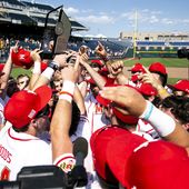 Maryland players lift their trophy after the the championship game against Iowa in the NCAA college Big Ten Baseball Tournament, Sunday, May 28, 2023, in Omaha, Neb. (Joseph Cress/Iowa City Press-Citizen via AP)