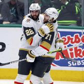Vegas Golden Knights center William Karlsson (71) celebrates with right wing Michael Amadio (22) after Karlsson&#x27;s goal during the third period of Game 6 of the NHL hockey Stanley Cup Western Conference finals against the Dallas Stars, Monday, May 29, 2023, in Dallas. (AP Photo/Gareth Patterson)