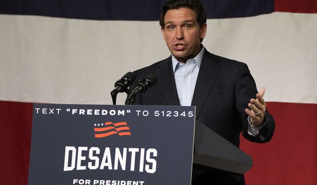 Republican presidential candidate Florida Gov. Ron DeSantis speaks during a campaign event, Tuesday, May 30, 2023, in Clive, Iowa. (AP Photo/Charlie Neibergall)