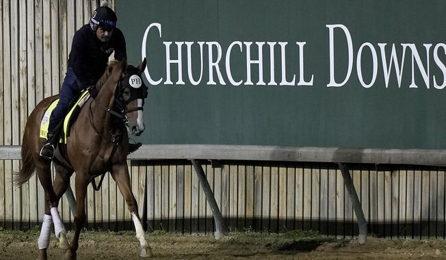 Kentucky Derby entrant Two Phils works out at at Churchill Downs Thursday, May 4, 2023, in Louisville, Ky. The 149th running of the Kentucky Derby is scheduled for Saturday, May 6. (AP Photo/Charlie Riedel) **FILE**