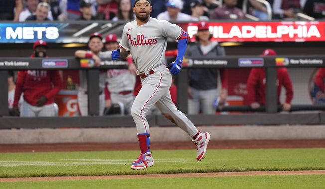 Philadelphia Phillies&#x27; Edmundo Sosa runs the bases after hitting a home run against the New York Mets during the third inning of a baseball game Wednesday, May 31, 2023, in New York. (AP Photo/Frank Franklin II)