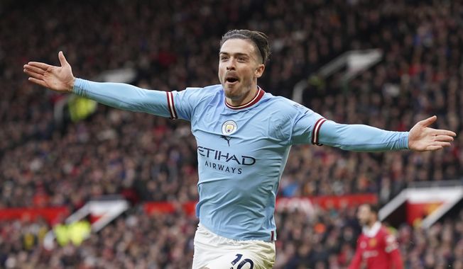 Manchester City&#x27;s Jack Grealish celebrates after scoring his side&#x27;s first goal during the English Premier League soccer match between Manchester United and Manchester City at Old Trafford in Manchester, England, Saturday, Jan. 14, 2023. Grealish has emerged as the face of English soccer and is starting to add trophies to his growing list of endorsement deals that already include Gucci and PUMA. The Manchester City midfielder has the skill and playfulness of Paul Gascoigne and the boyish charm and marketability of David Beckham. (AP Photo/Dave Thompson, File)