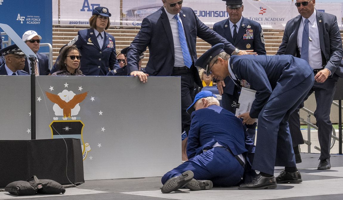 President Joe Biden falls on stage during the 2023 United States Air Force Academy Graduation Ceremony at Falcon Stadium, Thursday, June 1, 2023, at the United States Air Force Academy in Colorado Springs, Colo. (AP Photo/Andrew Harnik) **FILE**