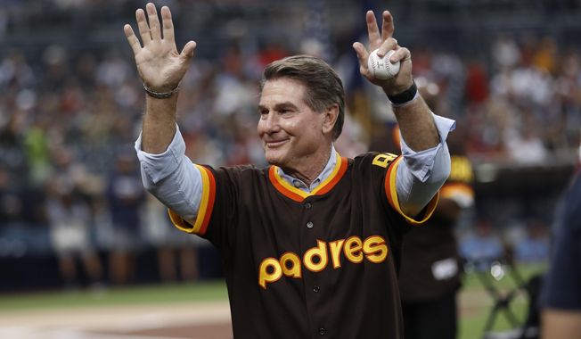 Former San Diego Padres Steve Garvey waves to fans before a baseball game against the St. Louis Cardinals Saturday, June 29, 2019, in San Diego. Garvey, who played in Los Angeles and San Diego, is considering entering California&#x27;s 2024 U.S. Senate race as a Republican. (AP Photo/Gregory Bull,File)