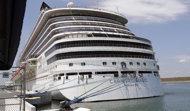 The Carnival cruise line ship Carnival Magic sits docked on April, 2020, in Cape Canaveral, Fla. The U.S. Coast Guard said Tuesday, May 30, 2023, that it&#x27;s searching for a man who fell from a cruise ship off the coast of Florida. The 35-year-old was on the Carnival Magic when he fell from the ship about 186 miles east of Jacksonville, Fla., on Monday, May 29. (AP Photo/John Raoux, File)