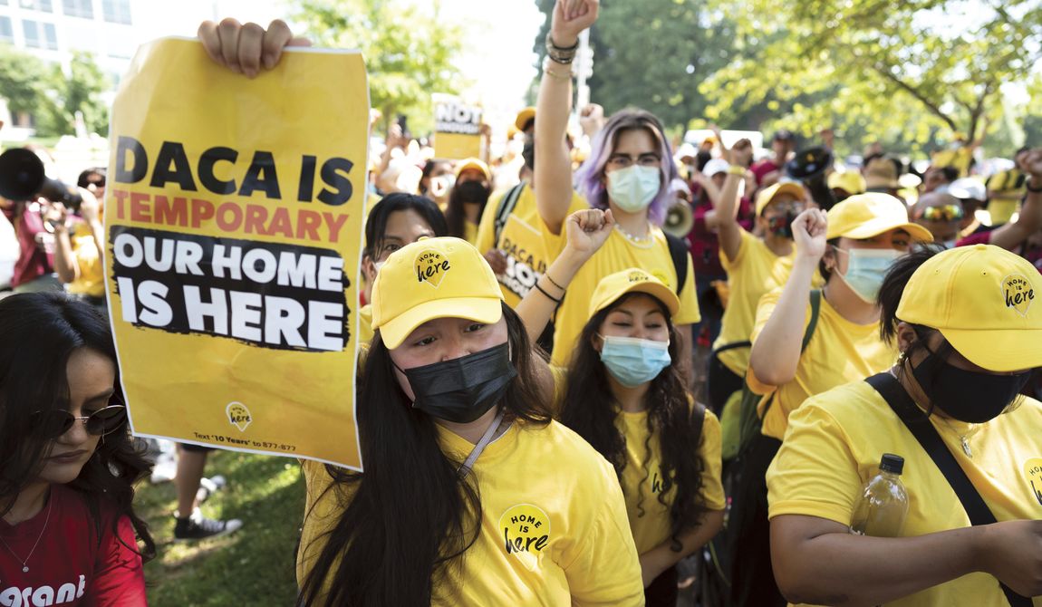 Susana Lujano, left, a dreamer from Mexico who lives in Houston, joins other activists to rally in support of the Deferred Action for Childhood Arrivals program, also known as DACA, at the U.S. Capitol in Washington, June 15, 2022. (AP Photo/J. Scott Applewhite, File)