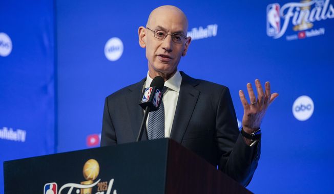 NBA Commissioner Adam Silver speaks to reporters before Game 1 of basketball&#x27;s NBA Finals between the Denver Nuggets and the Miami Heat, Thursday, June 1, 2023, in Denver. (AP Photo/David Zalubowski)