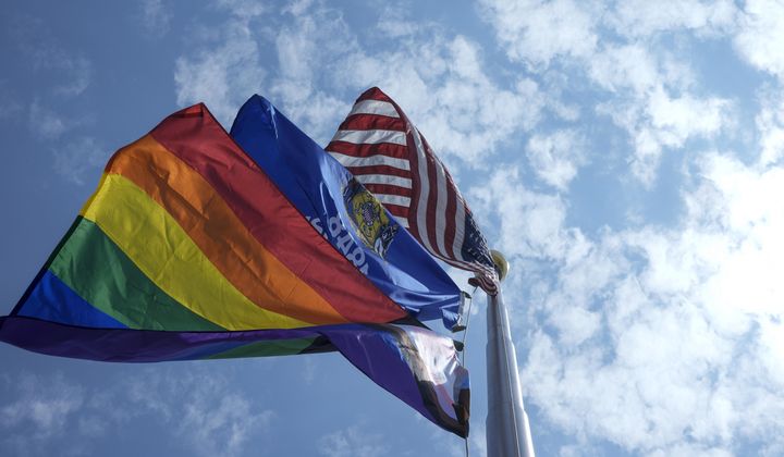 The Pride Flag flies at the Wisconsin State Capitol, Thursday, June 1, 2023, in Madison, Wis. (AP Photo/Morry Gash) ** FILE **