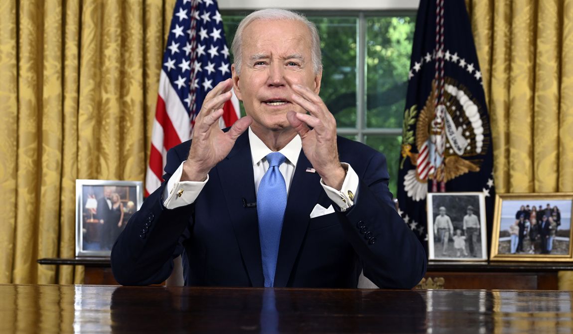 President Joe Biden addresses the nation on the budget deal that lifts the federal debt limit and averts a U.S. government default, from the Oval Office of the White House in Washington, Friday, June 2, 2023. (Jim Watson/Pool via AP)