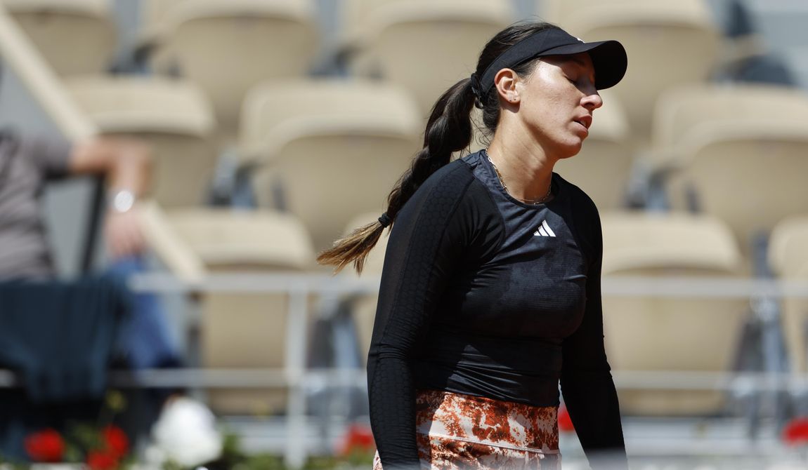 Jessica Pegula of the U.S. reacts during her third round match of the French Open tennis tournament against Belgium&#x27;s Elise Mertens, at the Roland Garros stadium in Paris, Friday, June 2, 2023. (AP Photo/Jean-Francois Badias)