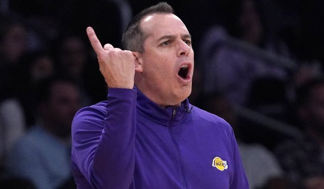 Los Angeles Lakers head coach Frank Vogel gestures during the second half of an NBA basketball game against the New Orleans Pelicans, Sunday, Feb. 27, 2022, in Los Angeles. The Phoenix Suns hired former NBA champion coach Frank Vogel on Friday, June 3, 2023, to replace Monty Williams, a person with knowledge of the decision told The Associated Press. (AP Photo/Mark J. Terrill) **FILE**
