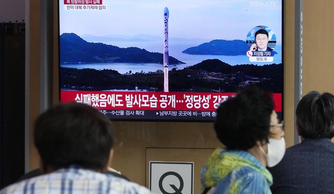 A TV screen shows an image of North Korea&#x27;s rocket launch during a news program at the Seoul Railway Station in Seoul, South Korea, on June 1, 2023. The United States and its allies clashed with Russia and China on Friday, June, 2, over North Korea’s failed launch of a military spy satellite this week in violation of multiple U.N. Security Council resolutions, which Moscow and Beijing refused to condemn.(AP Photo/Ahn Young-joon)