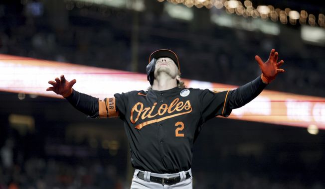 Baltimore Orioles&#x27; Gunnar Henderson (2) gestures after hitting a home run during the seventh inning of a baseball game against the San Francisco Giants in San Francisco, Friday, June 2, 2023. (AP Photo/Jed Jacobsohn)