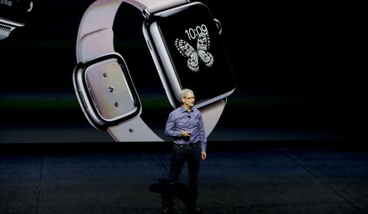 Apple CEO Tim Cook discusses the Apple Watch at the Apple event at the Bill Graham Civic Auditorium in San Francisco, Wednesday, Sept. 9, 2015. If Apple unveils a widely anticipated headset equipped with mixed reality technology on Monday, it will be the company&#x27;s biggest new product since the introduction of the Apple Watch nearly a decade ago. (AP Photo/Eric Risberg, File)