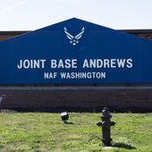 The sign for Joint Base Andrews is seen on March 26, 2021, at Andrews Air Force Base, Md. A wayward and unresponsive business jet that flew over the nation&#x27;s capital Sunday afternoon, June 4, 2023, caused the military to scramble a fighter plane from Joint Base Andrews before the jet crashed in Virginia, officials said. The fighter jet caused a loud sonic boom that was heard across the capital region. (AP Photo/Alex Brandon, File)