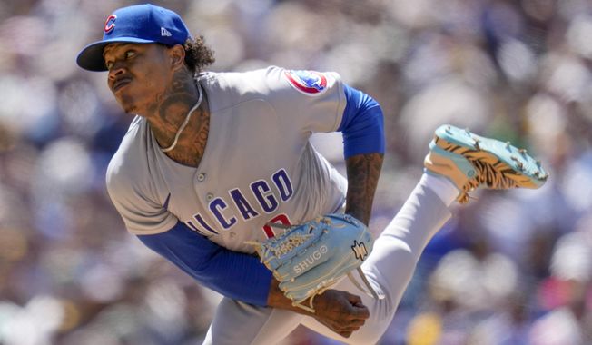 Chicago Cubs starting pitcher Marcus Stroman works against a San Diego Padres batter during the first inning of a baseball game Sunday, June 4, 2023, in San Diego. (AP Photo/Gregory Bull)