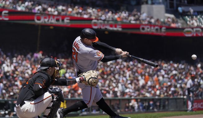 Baltimore Orioles&#x27; Austin Hays (21) hits an RBI-single in front of San Francisco Giants catcher Patrick Bailey, left, during the third inning of a baseball game in San Francisco, Sunday, June 4, 2023. (AP Photo/Jeff Chiu)