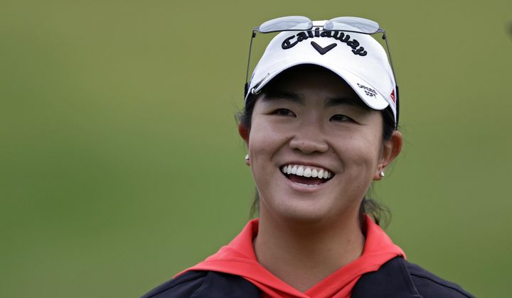 Rose Zhang reacts after the final round of the Mizuho Americas Open golf tournament, Sunday, June 4, 2023, in Jersey City, N.J. (AP Photo/Adam Hunger)
