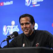 Miami Heat head coach Erik Spoelstra speaks to reporters after Game 2 of basketball&#x27;s NBA Finals against the Denver Nuggets, Sunday, June 4, 2023, in Denver. The Heat won 111-108. (AP Photo/Mark J. Terrill)