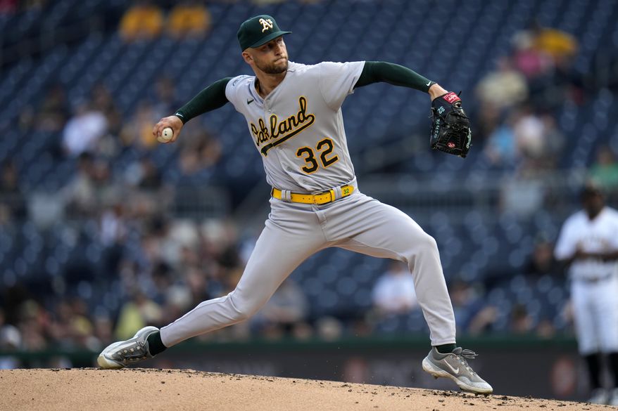 Oakland Athletics starting pitcher James Kaprielian delivers during the first inning of a baseball game against the Pittsburgh Pirates in Pittsburgh, Tuesday, June 6, 2023. (AP Photo/Gene J. Puskar)