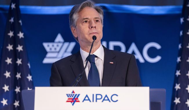 Secretary of State Antony Blinken delivers remarks at the 2023 American Israel Public Affairs Committee Policy Summit, Monday, June 5, 2023, at the Grand Hyatt in Washington. (AP Photo/Jess Rapfogel)