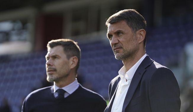 Paolo Maldini, right, and Zvonimir Boban look on during an Italian Serie A soccer match between Cagliari and Milan in Cagliari, Italy, on Jan. 11, 2020. Paolo Maldini’s tenure as AC Milan’s technical director has ended, the club announced in a brief statement Tuesday following reports of a rupture between Maldini and Milan’s new American owner, Gerry Cardinale. “AC Milan announces that Paolo Maldini concludes his role at the club, effective as of June 5, 2023,” the club statement said. (Spada/LaPresse via AP)