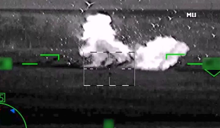 This image taken from video released by Russian Defense Ministry Press Service on Tuesday, June 6, 2023, shows a Ukrainian tank being hit by a Russian missile. The Russian military said it destroyed several German-made Leopard tanks while fending off an attempted Ukrainian offensive, the claim that couldn&#x27;t be independently verified. (Russian Defense Ministry Press Service via AP)