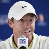 Rory McIlroy speaks to the media about the deal merging the PGA Tour and European tour with Saudi Arabia&#x27;s golf interests at the Canadian Open golf tournament in Toronto on Wednesday, June 7, 2023. (Nathan Denette/The Canadian Press via AP)