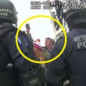 This image from Washington Metropolitan Police Department body-worn video, released and annotated by the Justice Department in the statement of facts supporting an arrest warrant for Jay James Johnston, shows Johnston, circled in yellow, at the U.S. Capitol on Jan. 6, 2021, in Washington. Johnston, the actor known for his roles on the comedy television shows &quot;Bob&#x27;s Burgers&quot; and &quot;Mr. Show with Bob and David&quot; has been arrested on charges that he joined a mob of Donald Trump supporters in confronting police officers during the U.S. Capitol riot. (Justice Department via AP)