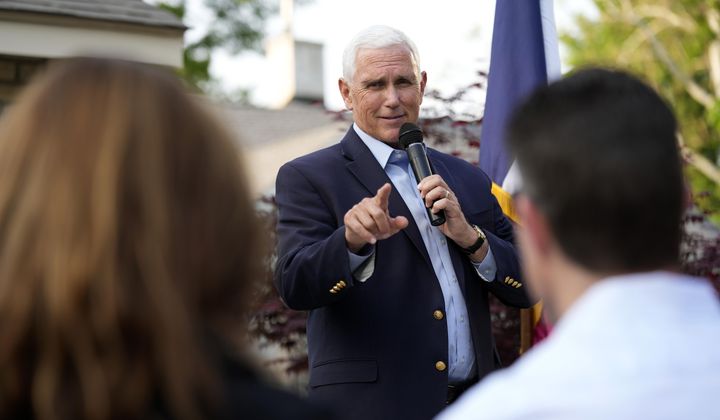 Former Vice President Mike Pence speaks to local residents during a meet and greet, Tuesday, May 23, 2023, in Des Moines, Iowa. (AP Photo/Charlie Neibergall, File)