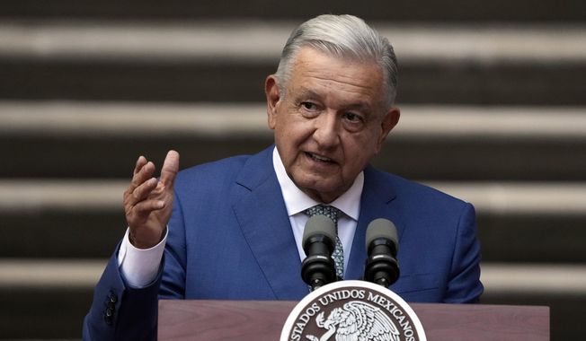 Mexican President Andres Manuel Lopez Obrador speaks at the National Palace in Mexico City, Jan. 10, 2023. Mexico’s president described the slayings of five men caught on security camera footage as an apparent “execution” by soldiers, and vowed Wednesday, June 7, 2023, that the perpetrators would face justice. (AP Photo/Fernando Llano, File)
