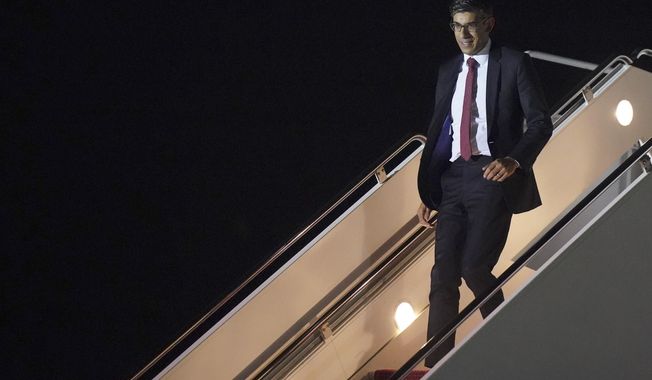 Britain&#x27;s Prime Minister Rishi Sunak arrives at Andrews Air Force Base, Md., ahead of his visit to Washington, D.C. Tuesday, June 6, 2023. (Niall Carson/Pool Photo via AP)