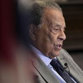 Civil Rights icon Andrew Young speaks during an interview with The Associated Press, May 18, 2023, in Atlanta. Young, one of the last surviving members of Martin Luther King Jr.&#x27;s inner circle, recalled the journey to the signing of the Voting Rights Act as an arduous one, often marked by violence and bloodshed.(AP Photo/Brynn Anderson)