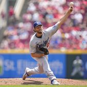 Los Angeles Dodgers starting pitcher Clayton Kershaw (22) throws against the Cincinnati Reds in the fifth inning of a baseball game in Cincinnati, Thursday, June 8, 2023. (AP Photo/Jeff Dean)