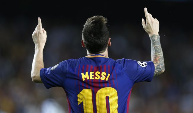 Barcelona&#x27;s Lionel Messi celebrates after scoring his side&#x27;s first goal during a Champions League group D soccer match between FC Barcelona and Juventus at the Camp Nou stadium in Barcelona, Spain, Tuesday, Sept. 12, 2017. Lionel Messi says he is coming to Inter Miami and joining Major League Soccer. After months of speculation, Messi announced his decision Wednesday, June 7, 2023,to join a Miami franchise that has been led by another global soccer icon in David Beckham since its inception but has yet to make any real splashes on the field. (AP Photo/Francisco Seco, File)