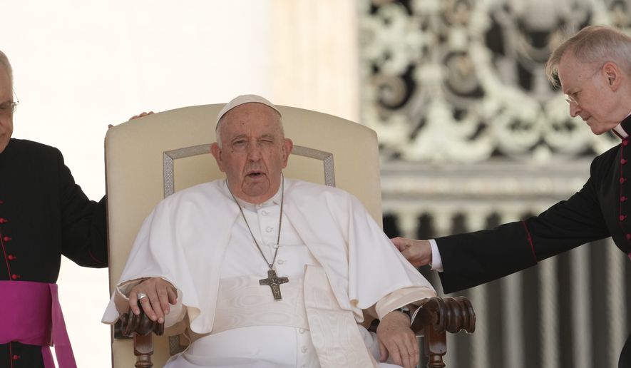 Pope Francis attends his weekly general audience in St. Peter's Square at The Vatican, Wednesday, June 7, 2023. (AP Photo/Andrew Medichini)