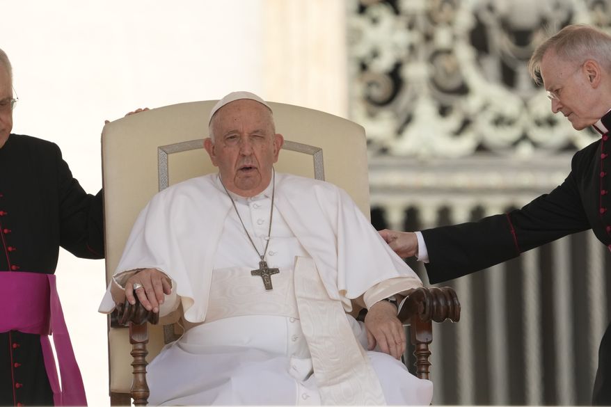 Pope Francis attends his weekly general audience in St. Peter's Square at The Vatican, Wednesday, June 7, 2023. (AP Photo/Andrew Medichini)