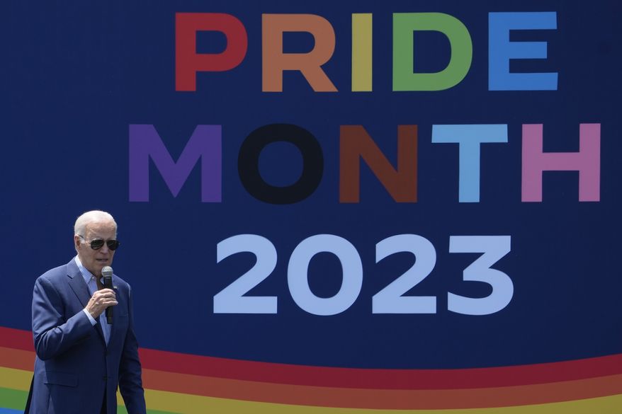 President Joe Biden speaks at a Pride Month celebration on the South Lawn of the White House, Saturday, June 10, 2023, in Washington. (AP Photo/Manuel Balce Ceneta)
