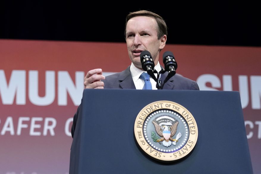 Sen. Chris Murphy, D-Conn., speaks at the National Safer Communities Summit at the University of Hartford in West Hartford, Conn., Friday, June 16, 2023. The summit is attended by gun safety advocates, local leaders and families impacted by gun violence. (AP Photo/Susan Walsh)
