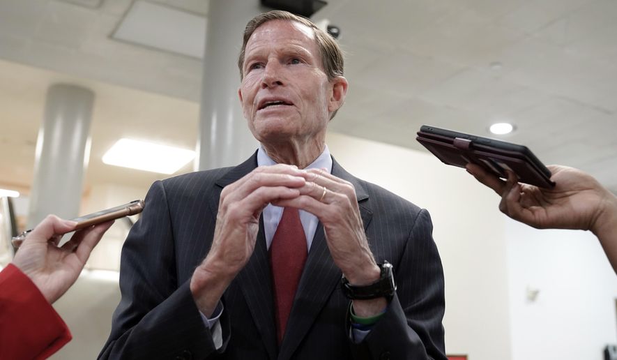 Sen. Richard Blumenthal, D-Ct., speaks to reporters Wednesday, May 31, 2023, on Capitol Hill in Washington. (AP Photo/Mariam Zuhaib)
