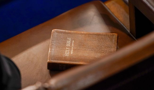A Bible is seen on a chair in the House chamber in Washington, Jan. 6, 2023. (AP Photo/Andrew Harnik, File)