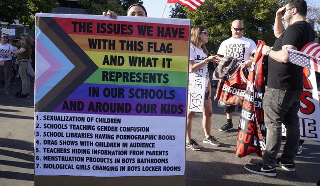 Protesters against exposing children to LGBTQ+ issues in schools rally outside the Glendale Unified School District headquarters in Glendale, Calif., Tuesday, June 20, 2023. (AP Photo/Damian Dovarganes) **FILE**