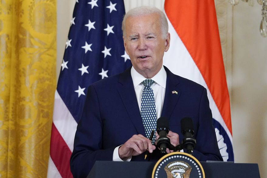 President Joe Biden speaks during a news conference with India's Prime Minister Narendra Modi in the East Room of the White House, Thursday, June 22, 2023, in Washington. (AP Photo/Jacquelyn Martin)