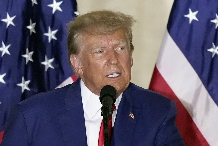 Former President Donald Trump speaks at his Mar-a-Lago estate hours after being arraigned in New York City, Tuesday, April 4, 2023, in Palm Beach, Fla. Trump is set to appear in Michigan on Sunday for one of his first public appearances since a federal indictment earlier this month. The former president will speak just outside Detroit at the Oakland County GOP’s Lincoln Day Dinner where he will be honored by the party as the “Man of the Decade.” (AP Photo/Rebecca Blackwell, FIle)